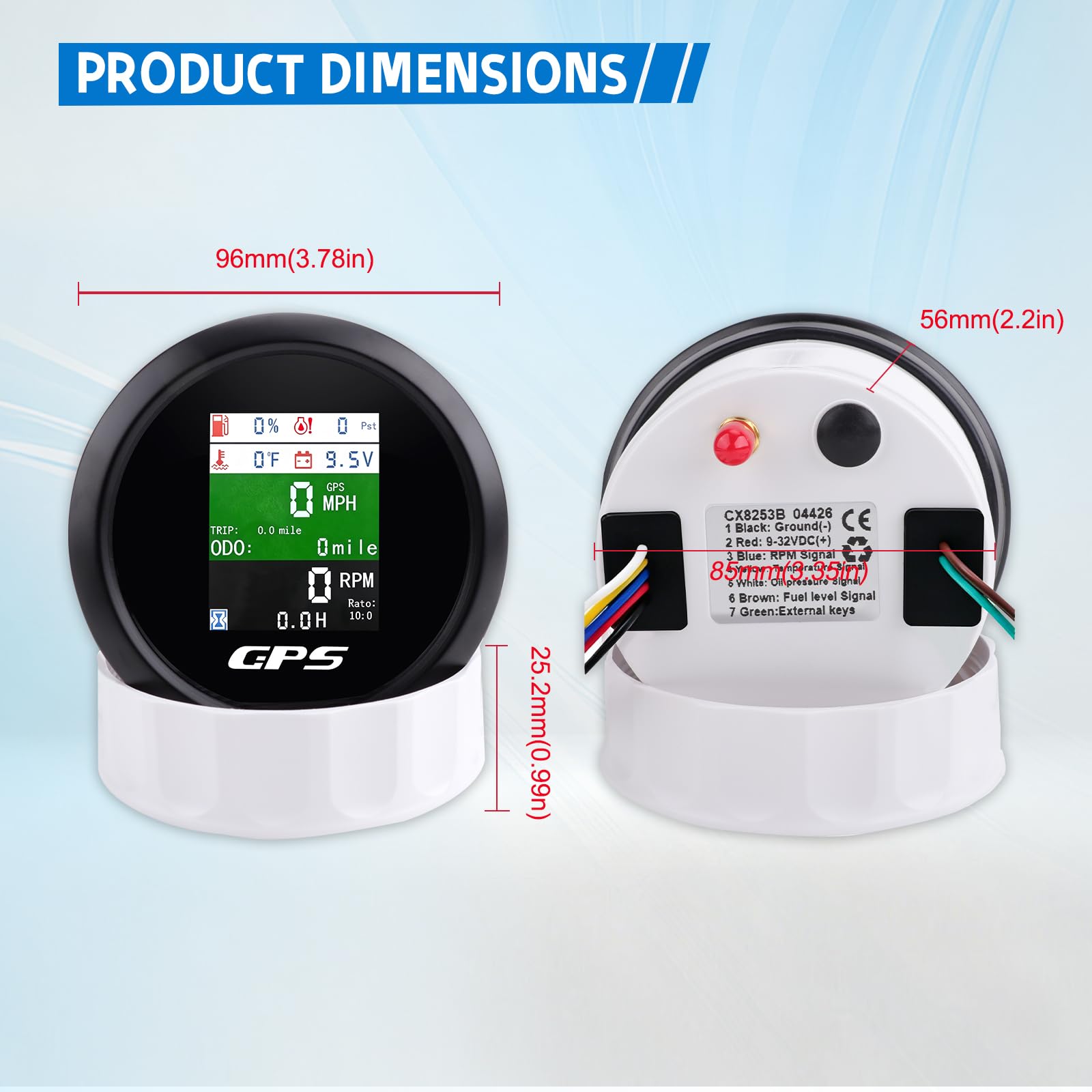 Tachimetro GPS 85 mm 6 in 1 Multifunzione Digitale Tachimetro Contagiri Voltmetro Indicatore Livello Carburante Temperatura Acqua e Pressione Olio
