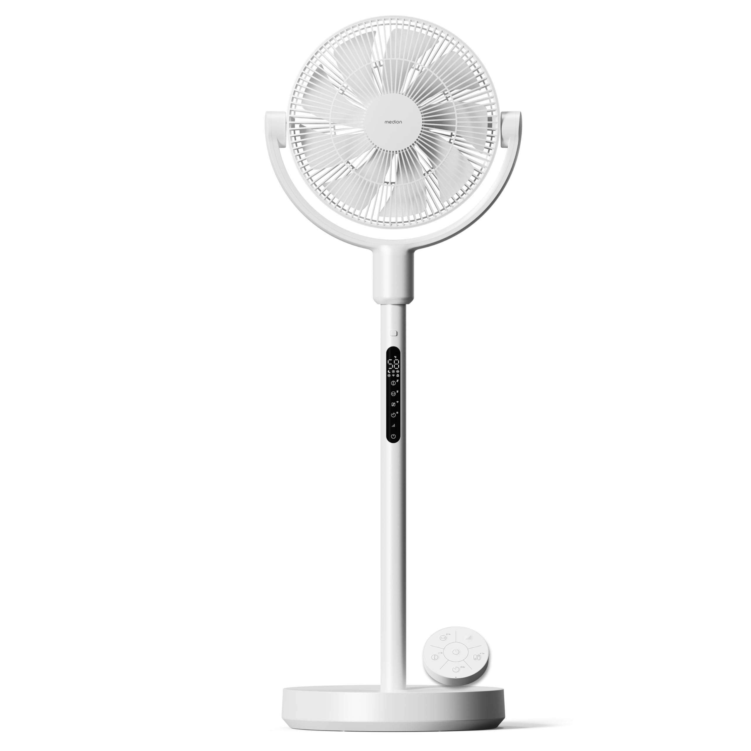 MEDION Standventilator mit Akku P25 SF - Ventilator groß, Fernbedienung, 26dB sehr leise, kabelloser Betrieb, flexibel einsetzbar, höhenverstellbar, 10 Stufen, 24 Watt, 350° Oszillation, Nachtlicht