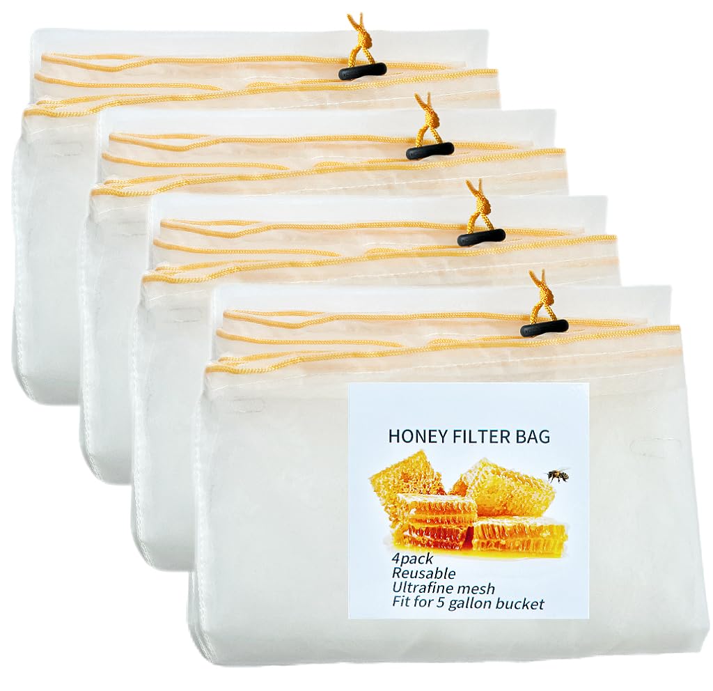 Honey Strainer, 4 Pcs Honey Filter Bag Ultra-Fine Mesh Strainer with Adjustable Drawstring, Beginner Honey Extractor Equipment in a 5 Gallon Bucket, Bee Supplies Reusable and Washable