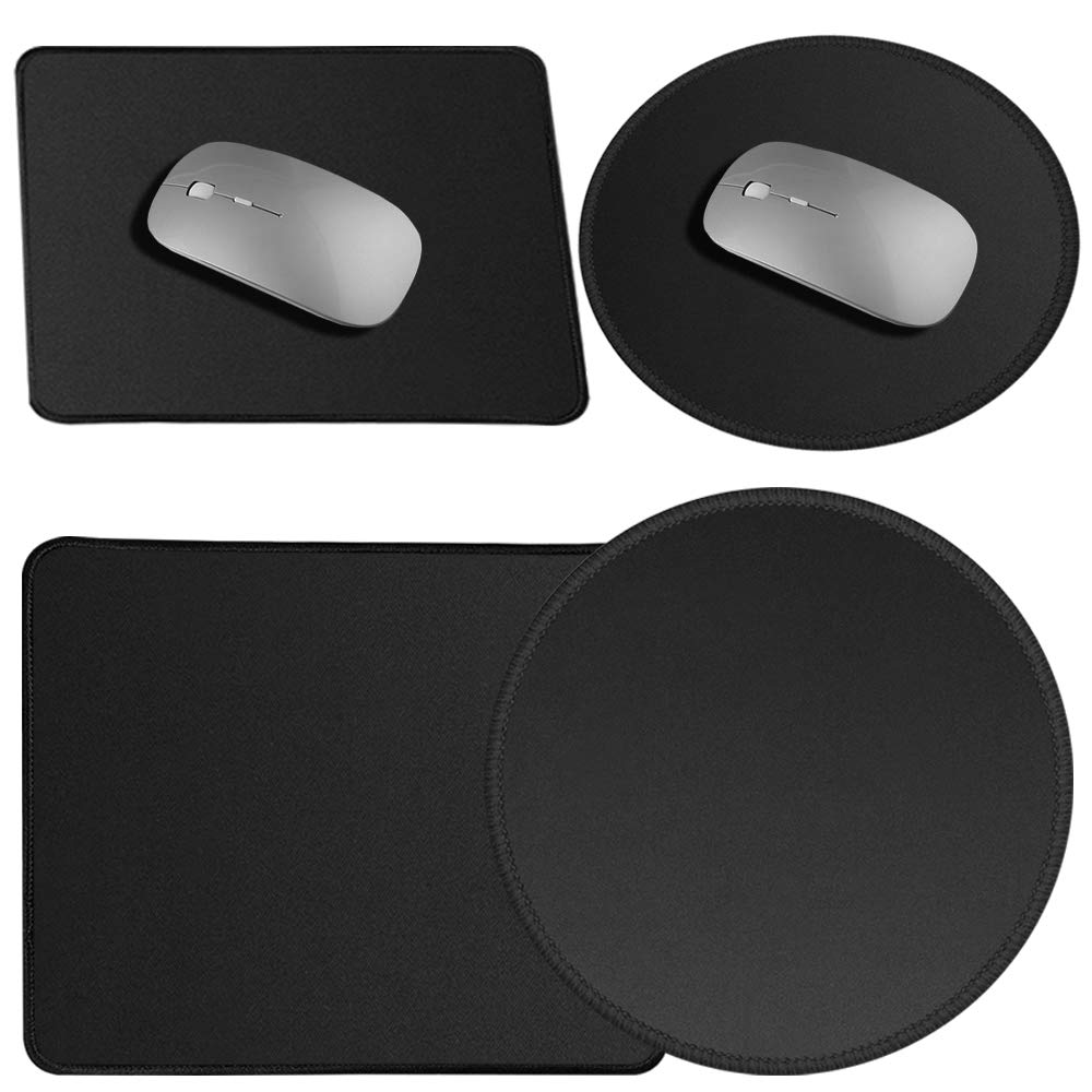 4 Pack Stitched Edges Premium Mouse Pad, findTop Computer Mouse Pad with Non-Slip Rubber Base, Rectangle and Round Non-Slip Rubber Base Mouse Pad (2 for Each Shape), Black