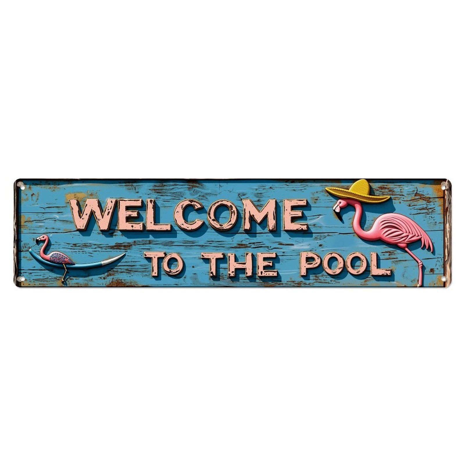 Welcome To The Pool Flamingo_1 Vintage Tin Sign Retro Metal Wall Decor Metal Poster, Home Bar Garage Farmhouse Cafe Wall Art Decoration 4x16Inch