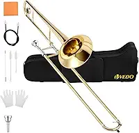 VEDO Kit Trombone Tenor Bb Bemol, com Bocal, Luvas Brancas, Kit de limpeza, Instrumentos de Sopro Profissionais, Adequado Para, Orquestras, Iniciantes, Instrumento de Trombone, Dourado