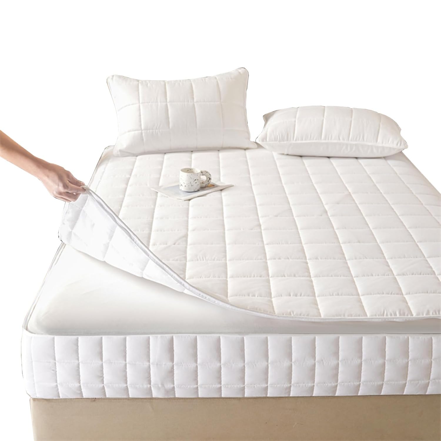 Ochraniacz na materac premium z zamkiem błyskawicznym 90 x 200 cm, 140 x 200 cm, 160 x 200 cm, 180 x 200 cm, miękka, ciepła, wygodna, z 2 poszewkami na poduszki, wodoodporna, hipoalergiczna, biała