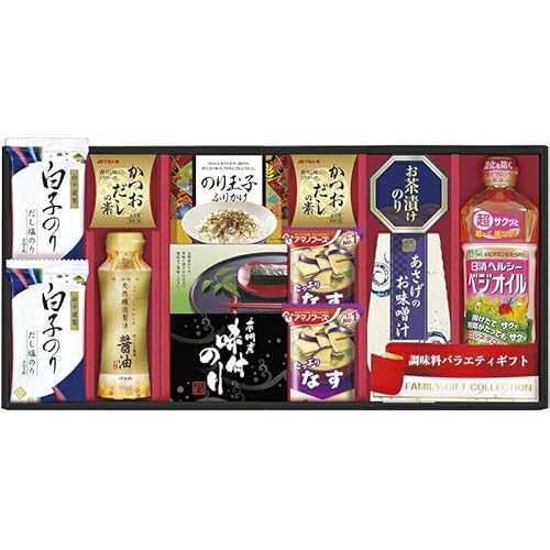 冬の贈り物お歳暮 日清オイリオ&白子のり食卓詰合せ アマノなすおみそ汁(9.5g)・マルトモかつおだしの素(4g×4袋)・白子だし塩のり(8切5枚)×各2、日清ヘルシーベジオイル(600g)・伊賀越天然醸造しょうゆ(200ml)・永谷園あさげのお味噌汁(8