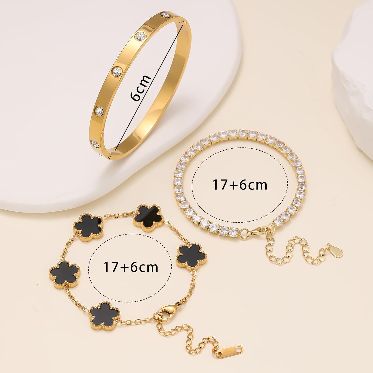 3-Piece Lucky Flower Stackable Bracelet Set - 14K Gold Plated Stainless Steel with Cubic Zirconia Cute and Charming for Women Jewelry