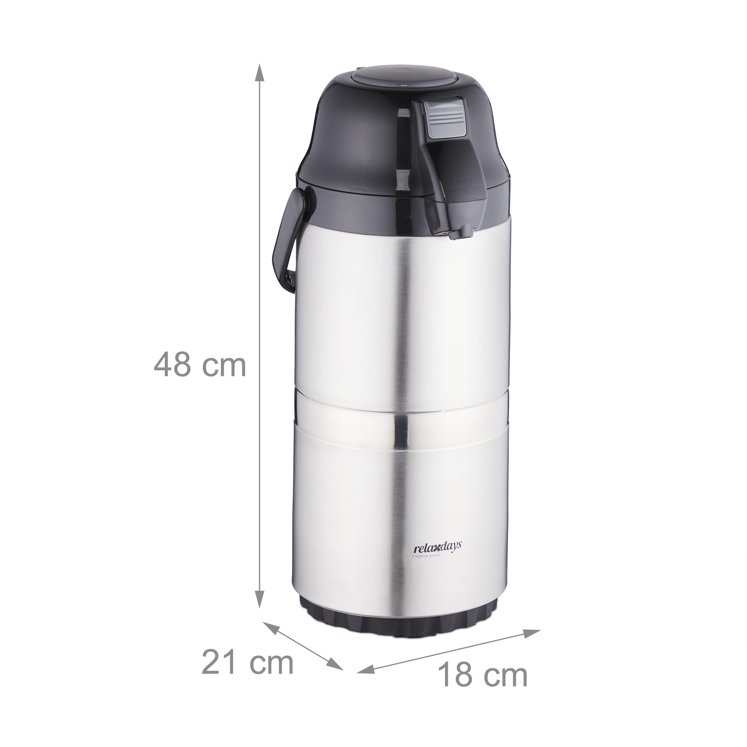 Relaxdays Termo para Café con Dispensador de 3 L, Tapa con Bomba y Pulsador, Oficina, Gastronomía, Plateado y Negro