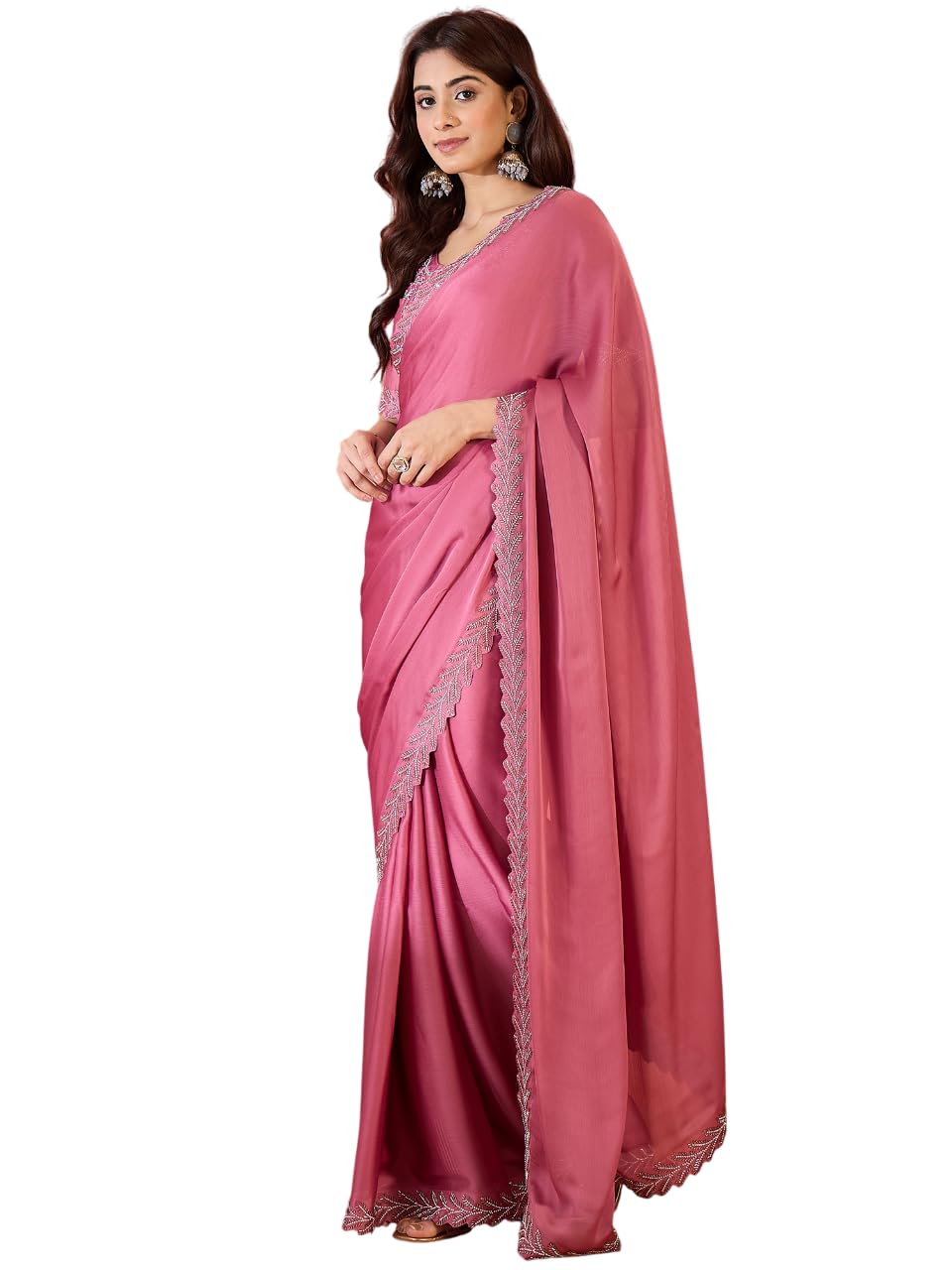maroosh Women'S Pink Color Heavy Satin Chiffon Jarkan Stone Border & Ceroski Work Saree (MRSSKTKYL8279A)-picture-23