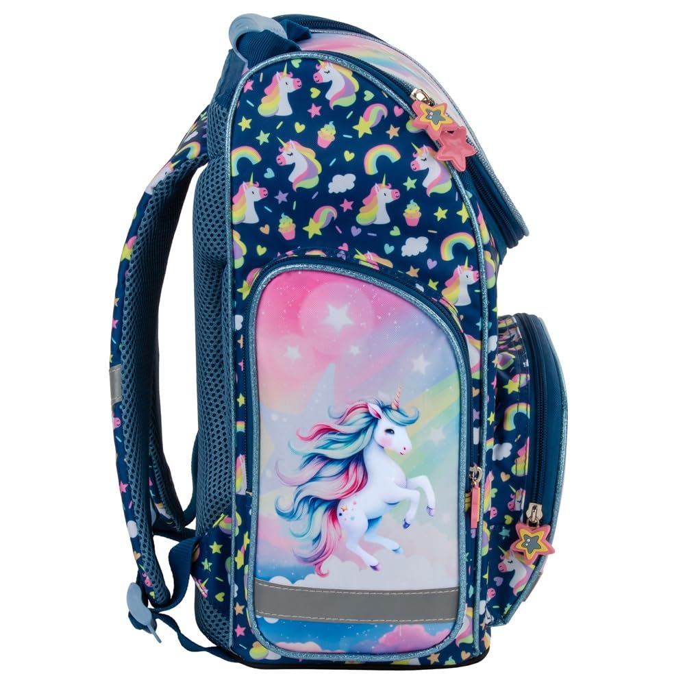 Familando - Schulranzen Set - 8-teilig mit Federmappe - Einhorn Regenbogen - Ergonomisch, stabil & mit gepolstertem Rücken - 1010g leicht - 18L Volumen - Mit Reflektoren - Für Grundschule ab 1. Klasse