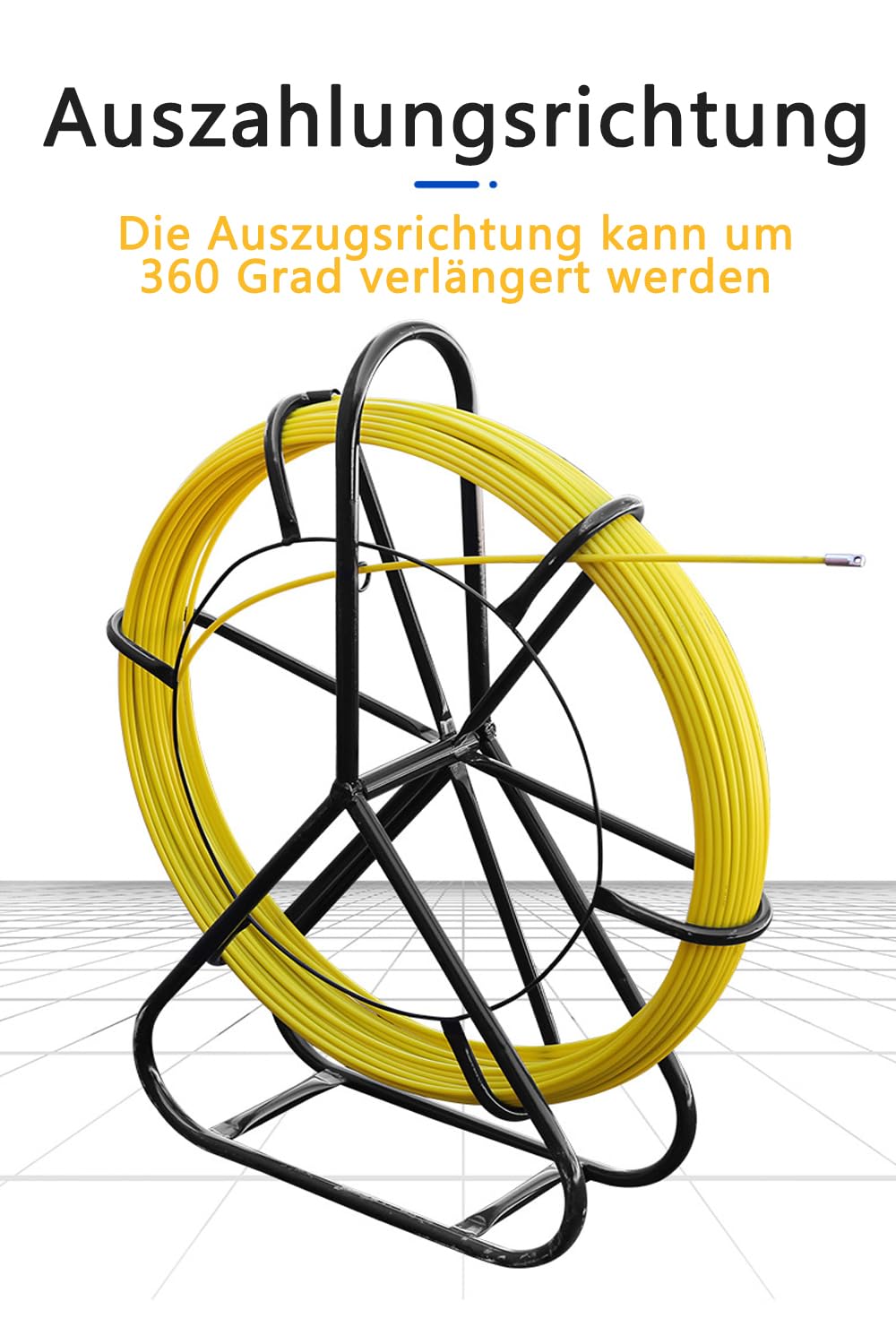 Glasfaser Einziehband 100m, Gelbes Fiberglas-Zugband 6mm mit Stahlgestell, Rodagezügel für Kabelverlegung ohne Bremse (6mm x 100m)