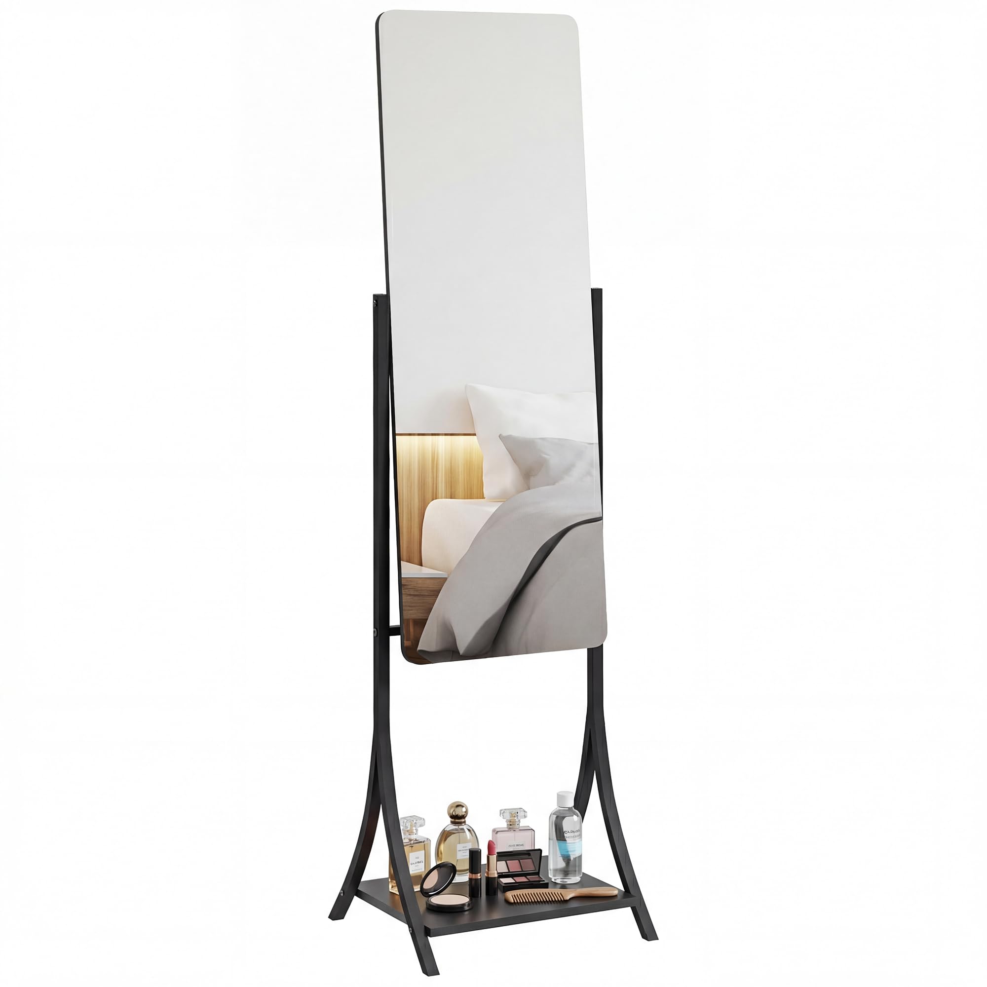Homcom Black Full Length Mirror, Free Standing Floor Mirror With Adjustable Angle And Storage Shelf For Living Room, Bedroom, Hallway, 108 X 37Cm,