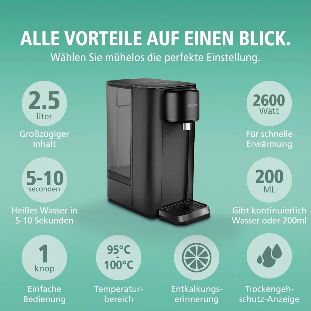 Brabantia Heißwasserspender, 2,5 Liter, 2600 Watt, 100°C, Abnehmbarer Wassertank, Heißes Wasser in 5–10 Sek., Instant-Wasserkocher, Entkalkungsanzeige, Einfache Bedienung, Schwarz, BBEK1103
