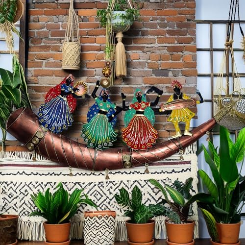 Trumpet Dancers Iron Metal Showpiece, Rajasthani Folk Art Decor, 28x13 Inch Tabletop or Wall Hanging with Removable Base, Perfect for Living Room, Restaurant & Gift — photo — 8 of 9