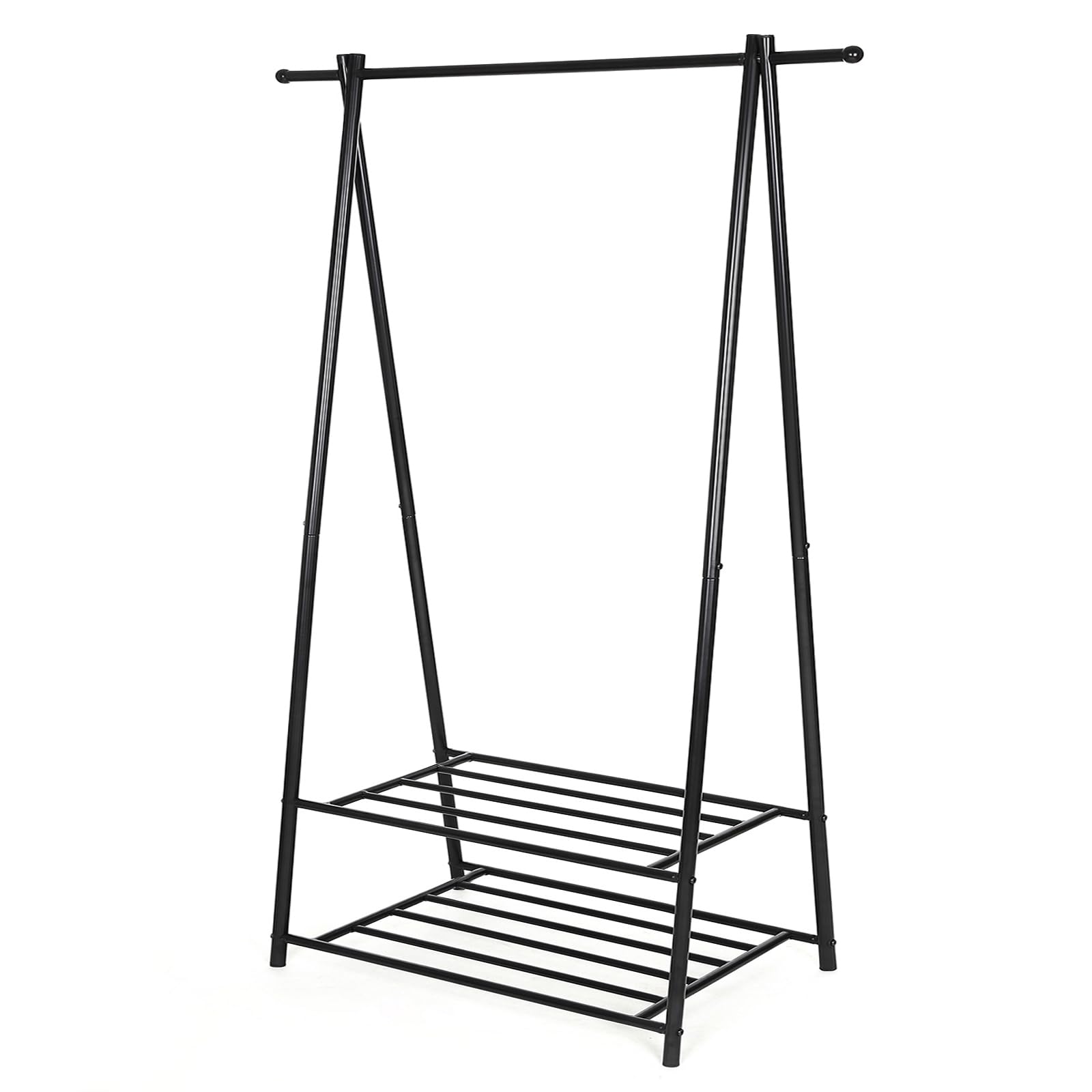 SONGMICS Coat Stand, Clothes Rack with 2-Tier Storage Shelf for Shoes and Baskets, Metal Frame, Space-saving, Ideal for Bedroom, Entryway, Office and More, Black HSR05B