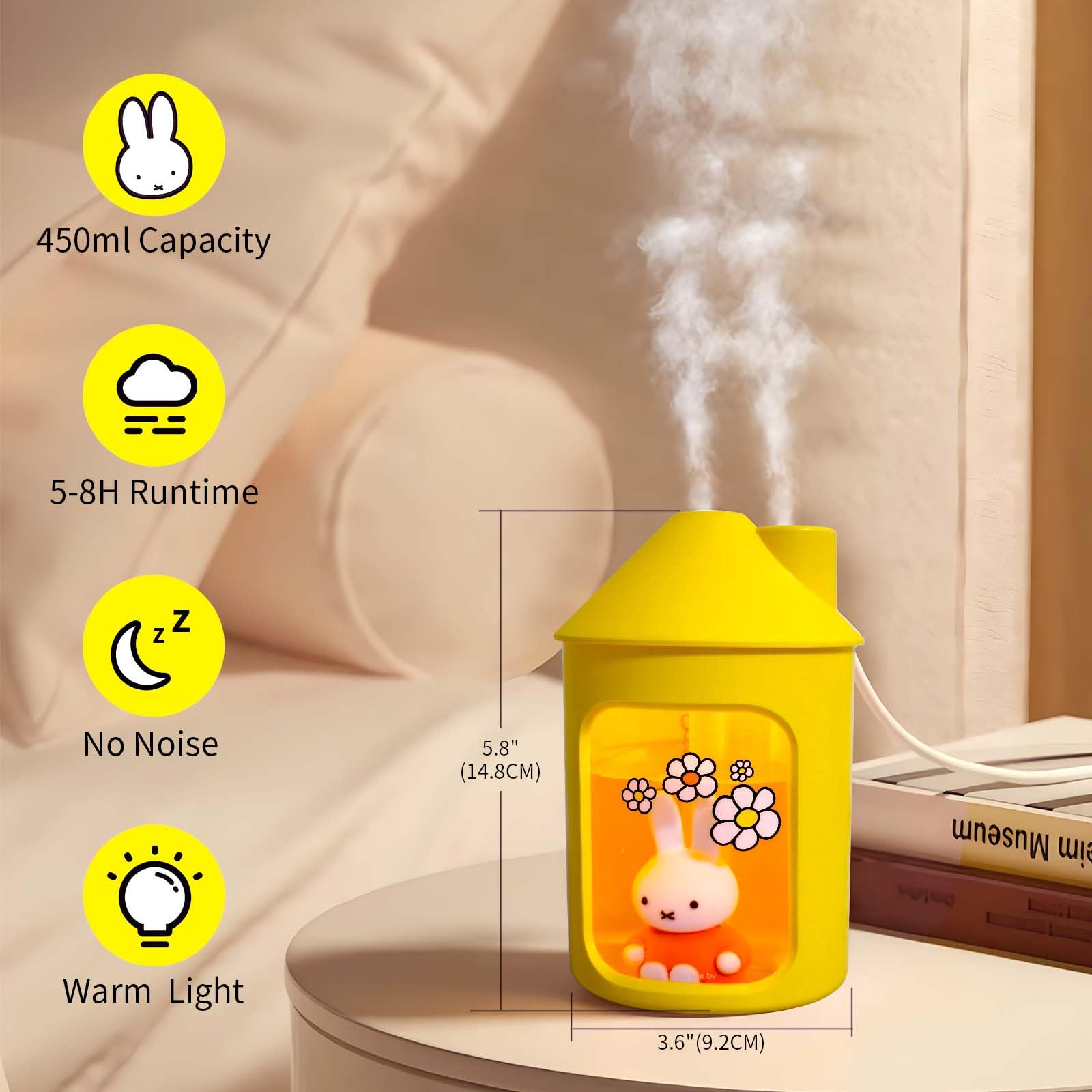 Mipow Miffy BTA700M Umidificatore a nebbia fredda per camera da letto con luce notturna, 450 ml, doppio spray per vivaio, ufficio, piante da interno (giallo)