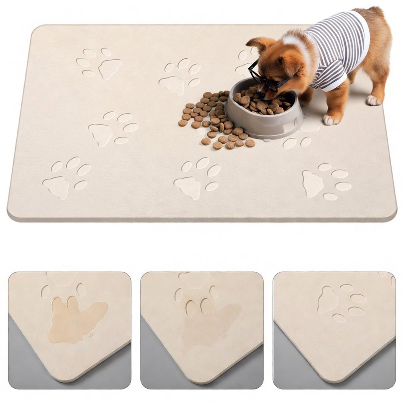 Drydiet Dog Gift Stone Mat for Dog Bowl Diatomaceous Earth Absorbent Non Slip Cat Puppy Mat for Food and Water Quick Drying Easy to Clean Placemat for Bowl Dish(Beige,16 x 24 Inch) — image 1