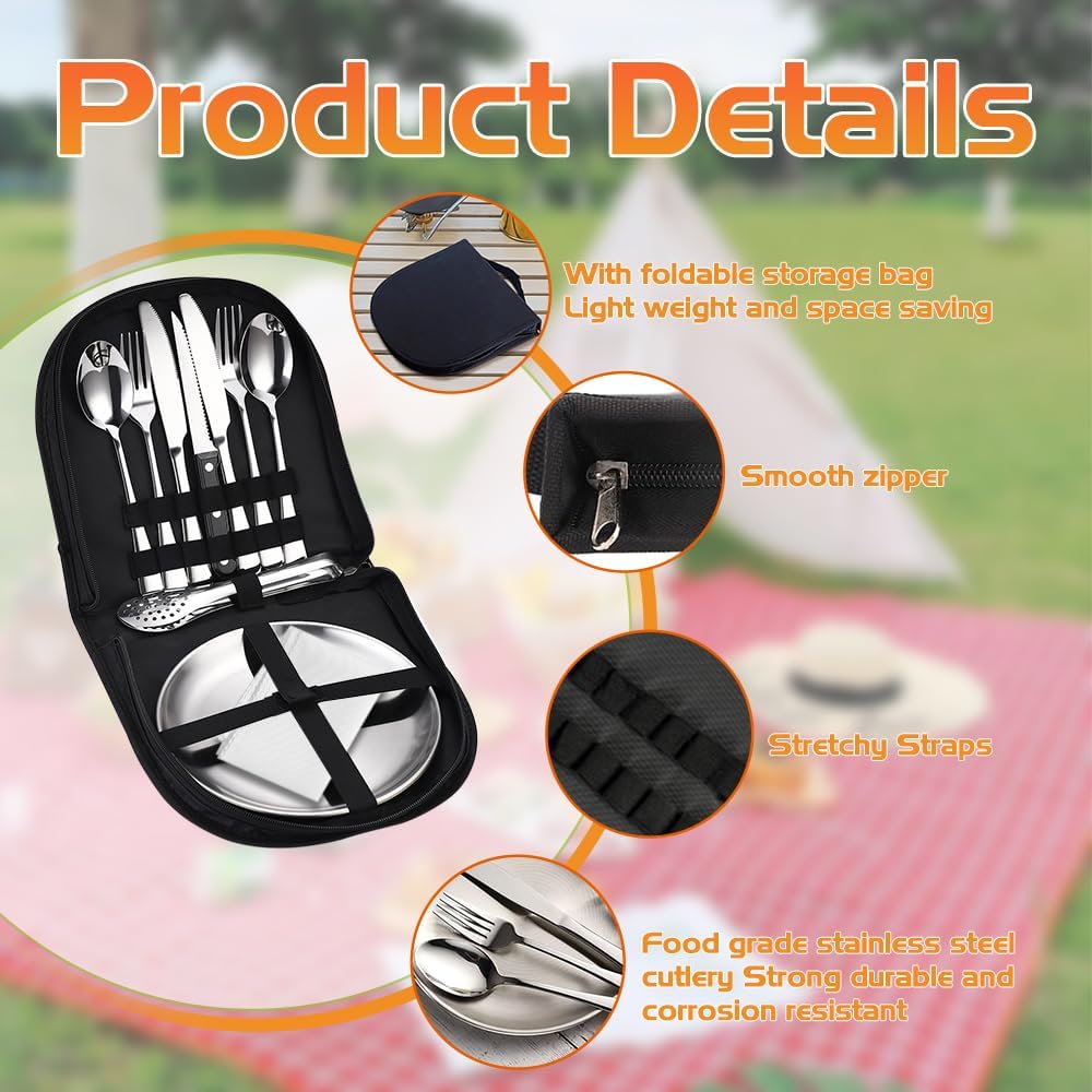 Set Vaisselle Camping 2 Personnes, 14 Pcs Couvert Camping INOX avec Fourchette Cuillère Couteau Assiette Serviette de Table, Kit Camping Vaisselle avec Sac, Set Pique Nique