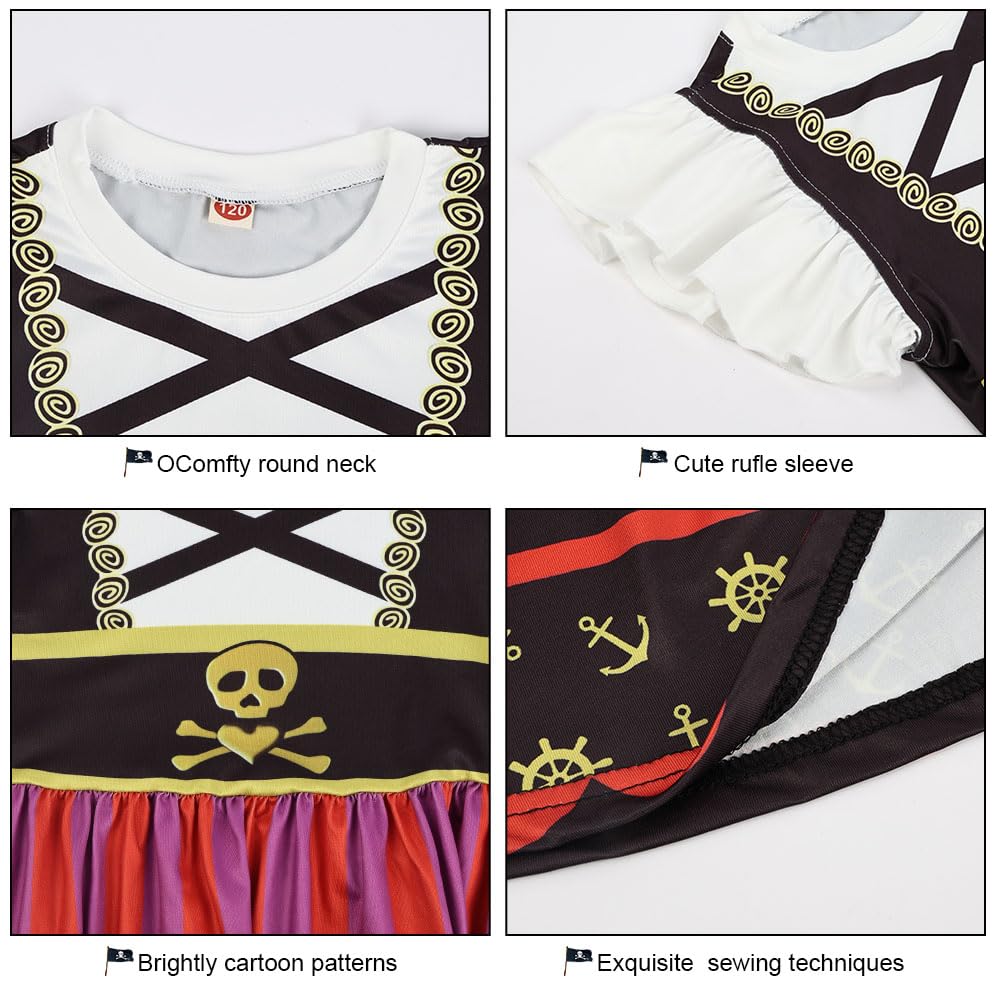 AUYAO Kostium piratów dla dzieci, 7 szt. Zestaw kostiumów piratów z sukienką, kapeluszem i naszywką na oko, zestaw dla dziewczynki Buccaneer, kostium na Halloween dla dziewczynek na karnawał, imprezę
