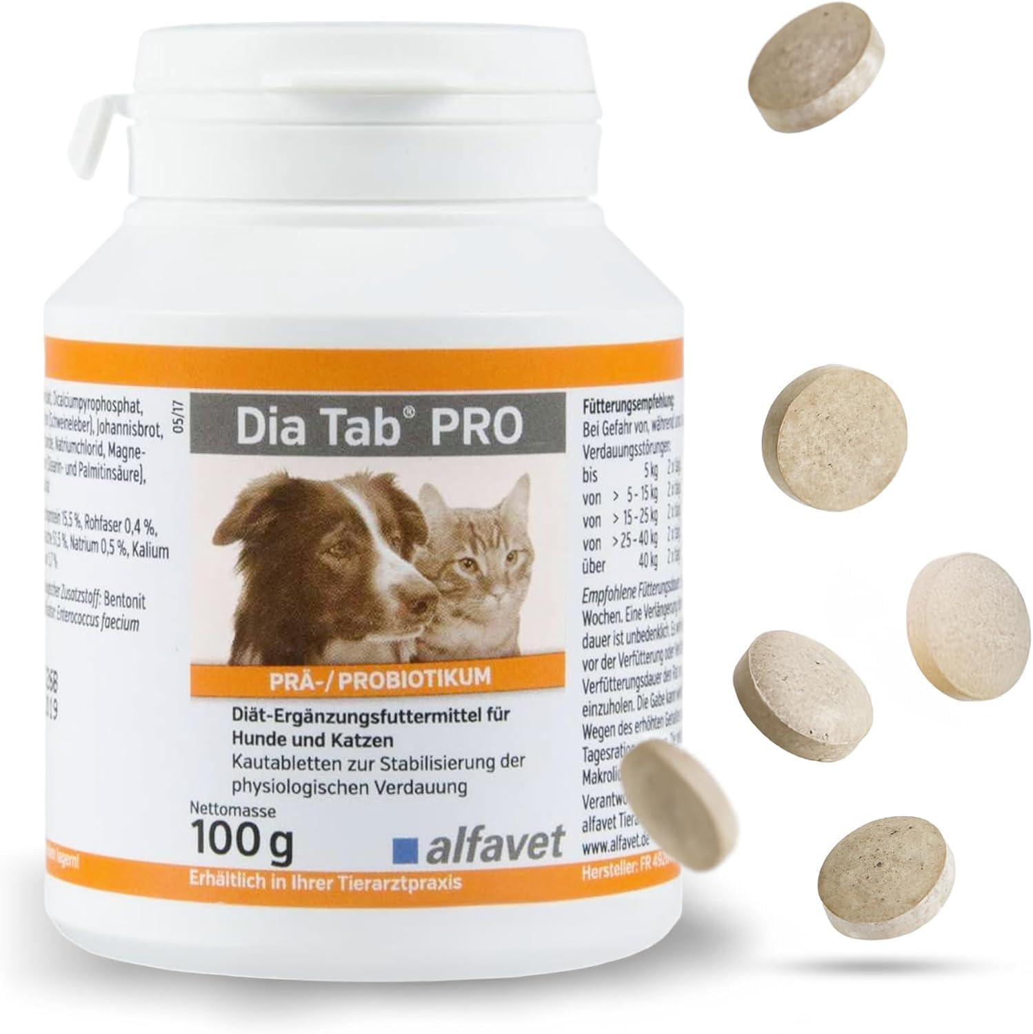 AlfavetDia Tab PRO, dietary supplement for dogs and cats, chewable tablet, prebiotic probiotic, 100 g tin approx. 50 tablets