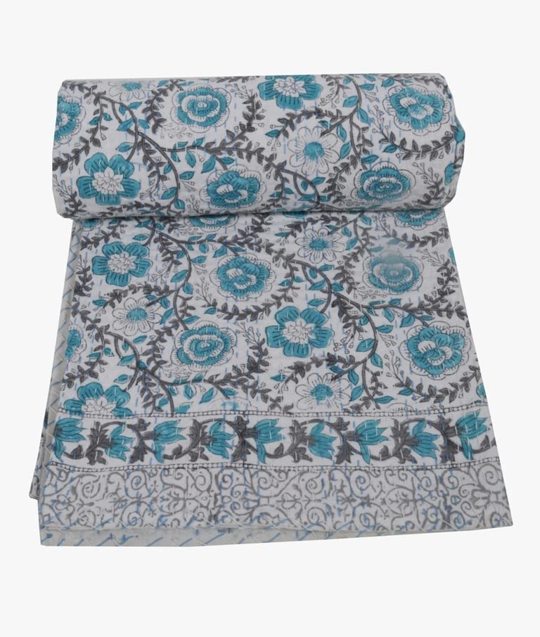 V Vedant Designs Indian Kantha Quilt Block Printed Kantha Blanket Cotton Kantha Bedspread Handmade Coverlet Throw Queen & Twin Size Kantha Bedcover (Blue 02, Queen(90x108))