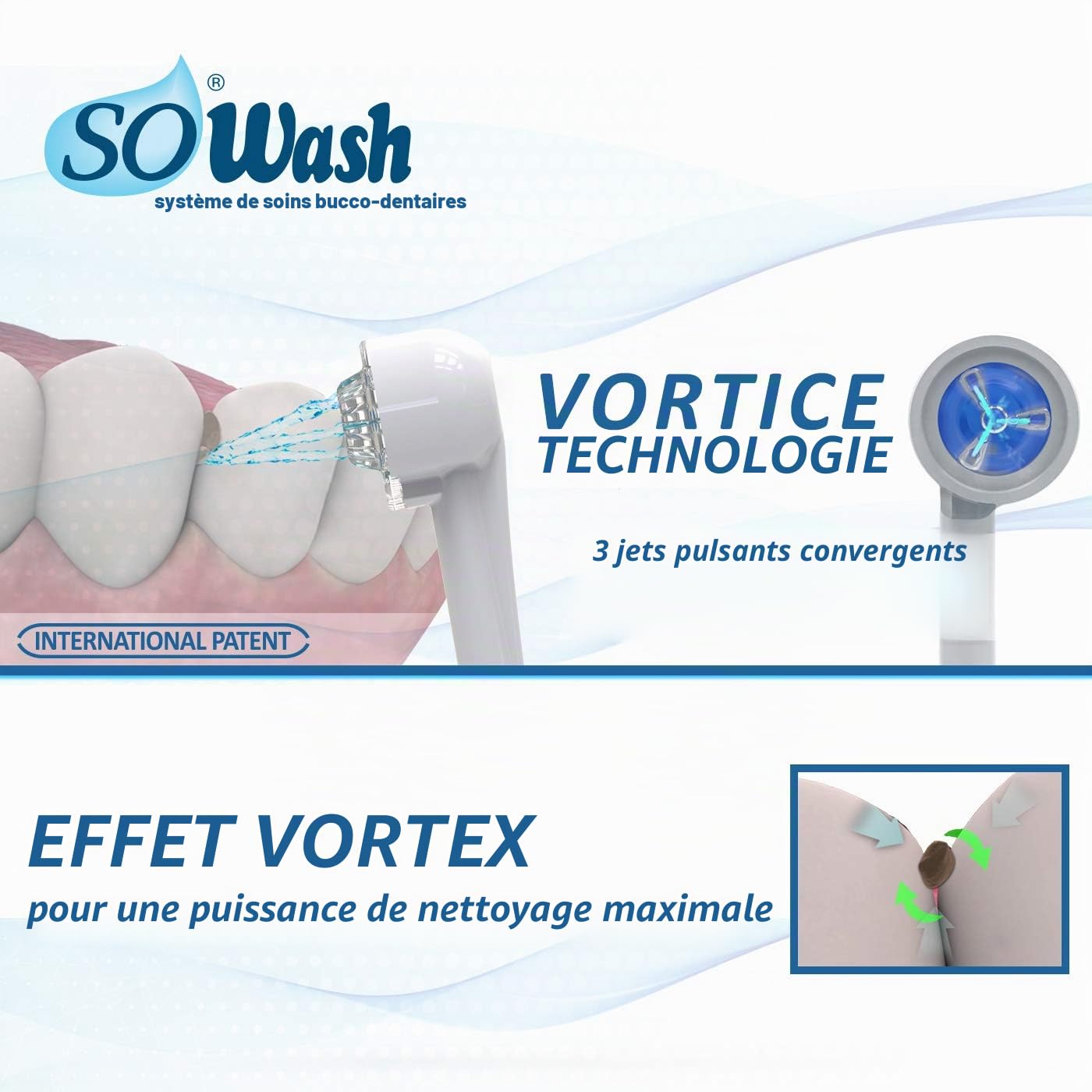 Jet dentaire SOWASH TRIO, Se connecte au robinet, Hydropulseur Dentaire Sans piles ni électricité, 1 tête Vortice + 1 tête de Vortice Brush + 1 tête Hydrojet, Produit italien