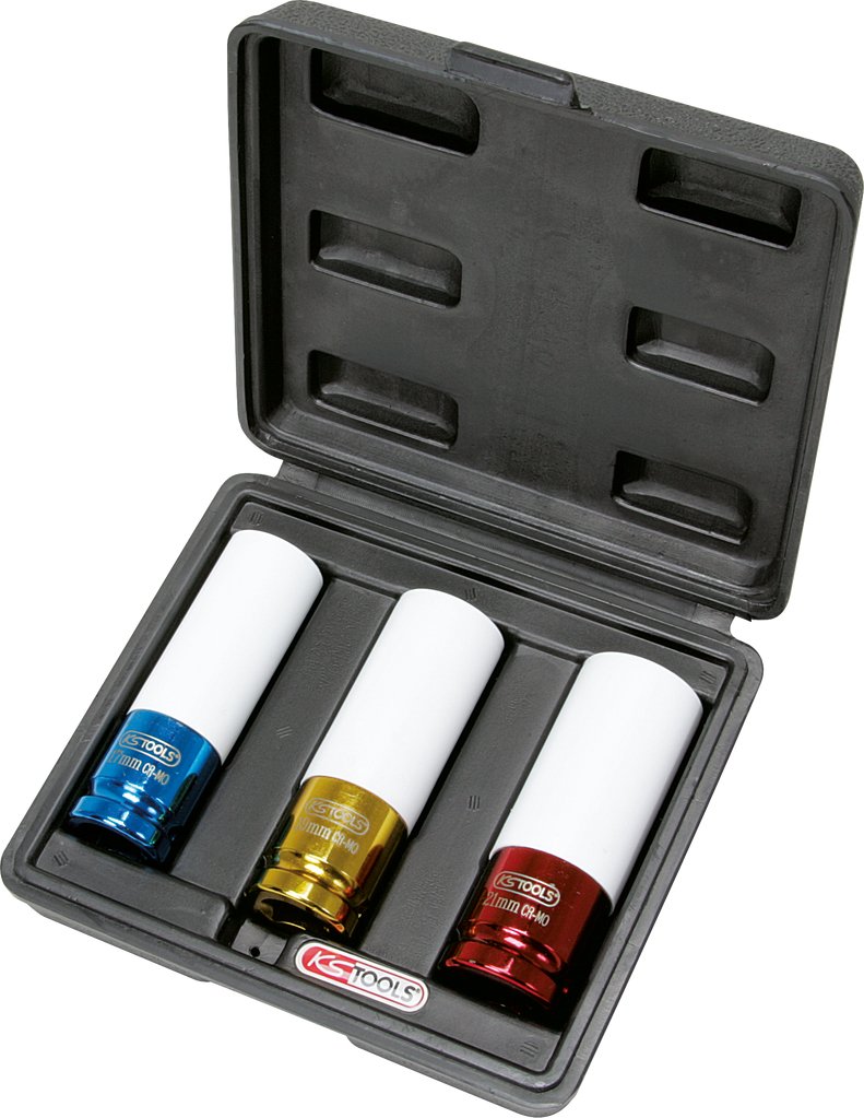KS Tools 161.0367 - Cris Extra Plat - Cric Hydraulique Extra Bas en Acier - Cric Rouleur avec 2 Roues Directionnelles - Argent et Noir & Jeu de 3 Douilles à Chocs pour Jantes Aluminium, 17, 19, 21 mm