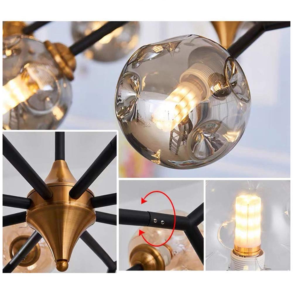 Metalowy żyrandol przemysłowy Sputnik z 15 światełkami, sferyczny szklany klosz, czarne wykończenie chromowane w stylu vintage, 10 główek, przydymiony szary, idealny do salonu.