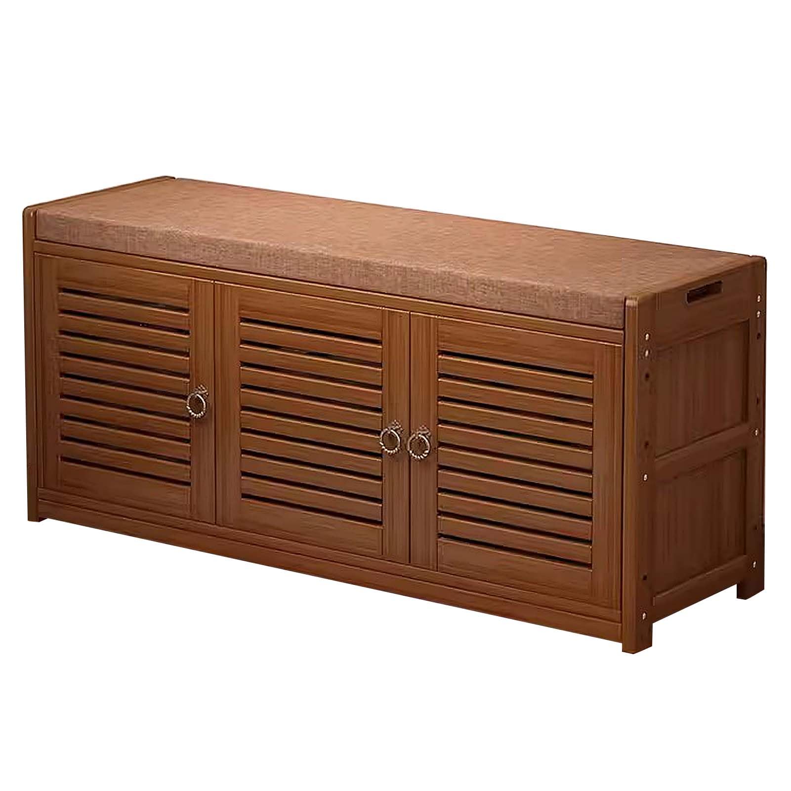 SXZenSpace Shoe Bench Entryway with Doors, Bamboo Changing Stool Hallway Storage Cabinet Closed Rack and Seating