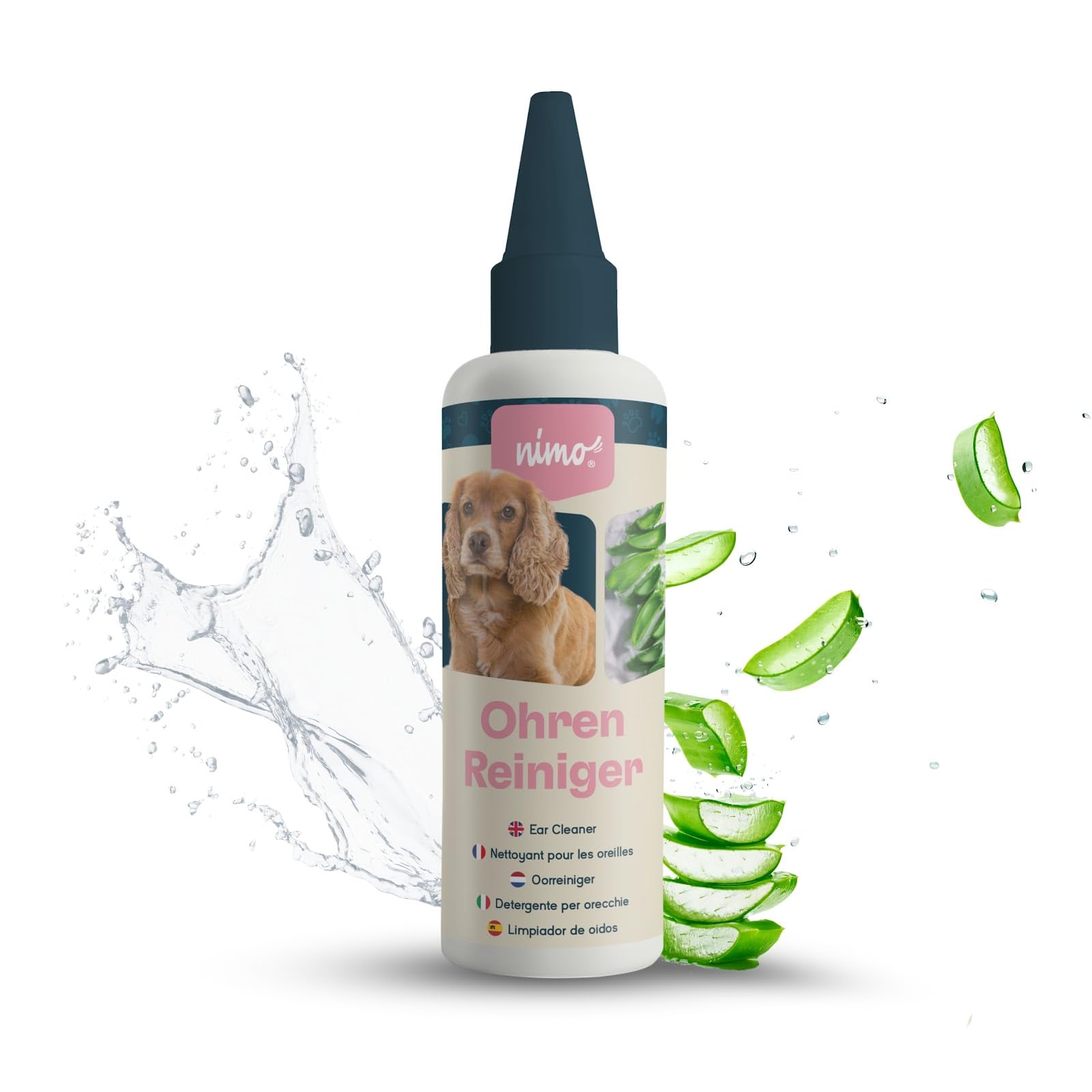 nimoEar Cleaner for Dogs, Cats & Pets with Aloe Vera & Panthenol | Gentle Natural Cleaning Against Itching, Infections, Earwax, Inflammation & Discharge | Minimises Head Shaking