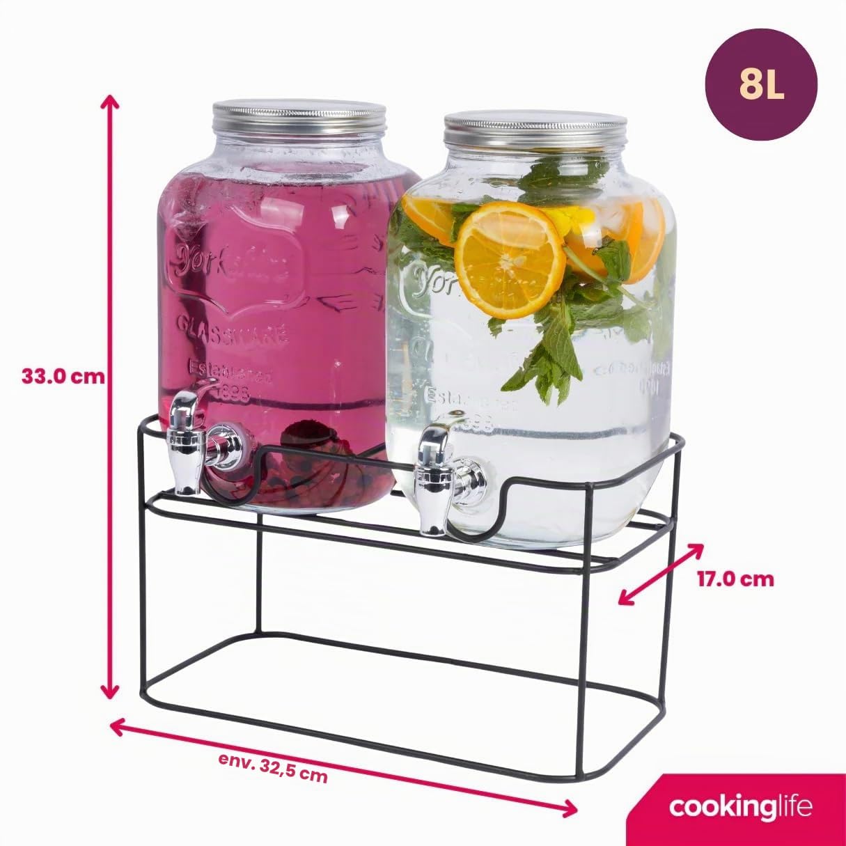 Cookinglife Distributeur de Boissons Double, Verre et Acier, Noir, 2 x 4 litres, avec Support