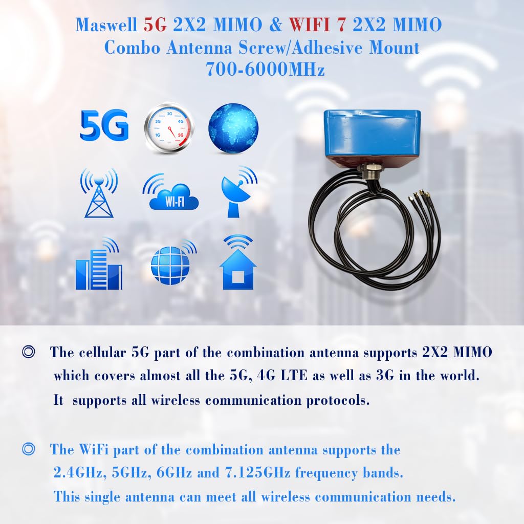 Maswell Antenne 4X4 MIMO LTE pour IoT M2M | Faible Gain 3dBi ne Convient Pas aux compétitions de Vitesse, Omni 700-6000 MHz | 4G LTE 5G NR ​​| Wi-FI 6 Bluetooth WiMAX Zigbee | SMA mâle et TS9