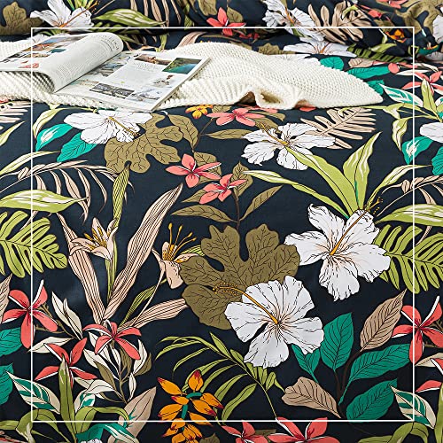 Fadfay Floral Bedding Set 100% Cotton Dark Flower Duvet Covers Queen Size Soft Black & Red Botanical Palm Tree Leaf Comforter Cover Tropical Hawaii Home Girls Bed Sets Zipper Corner Ties 3 Pieces #TOP6