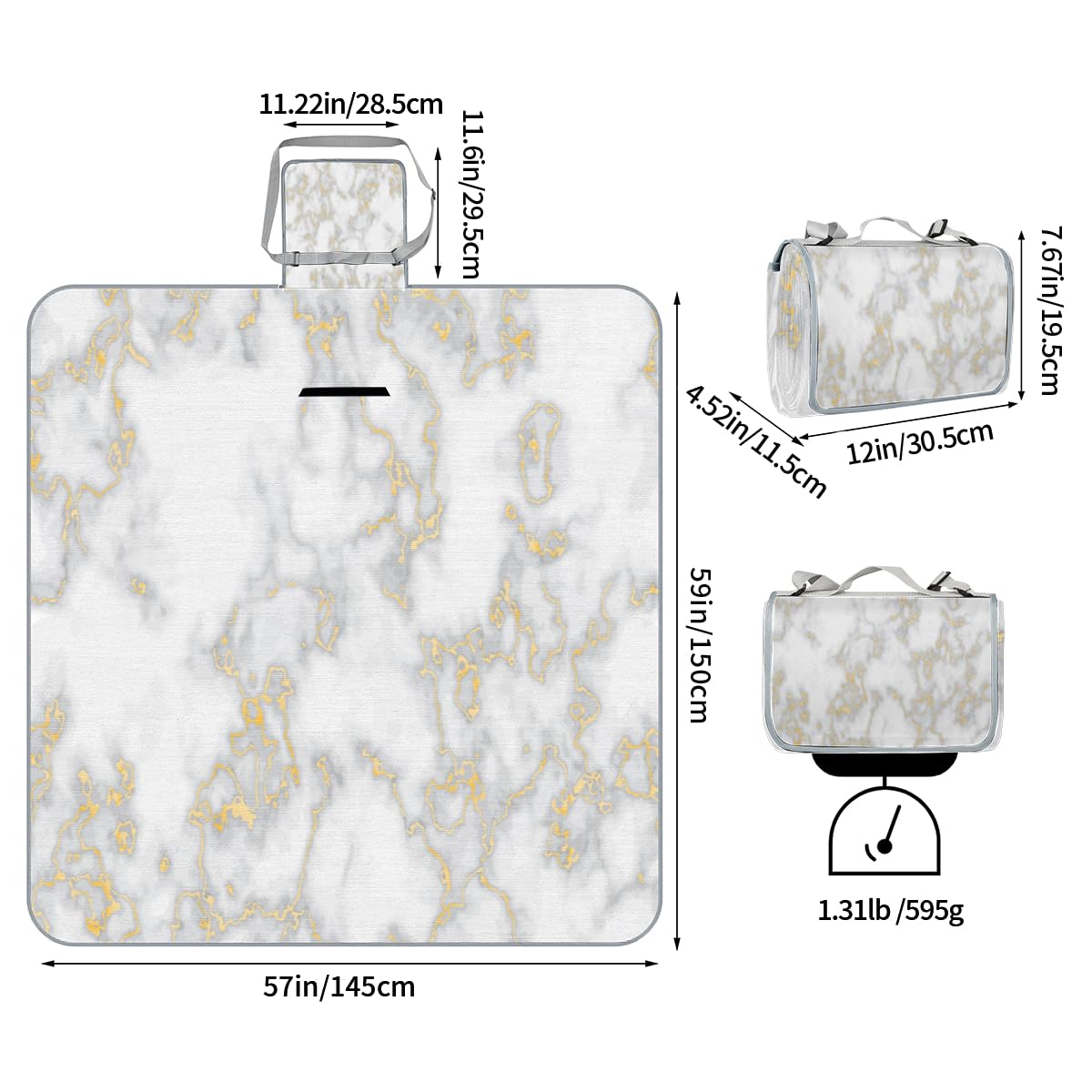 Shimoshe Picnic Blankets 57”x 59”, Marble Glitter Waterproof Sandproof Picnic Mat Lightweight Foldable Beach Blanket for Camping Park Grass Beach Outdoor Blanket