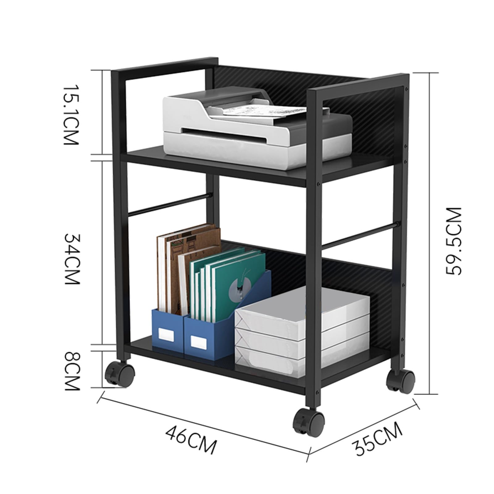 Soporte para Impresora Negro con Estante de Almacenamiento de Fibra de Carbono de 2 Niveles y separadores, Carrito metálico móvil con Ruedas para fax, escáner, Archivos y reproduct