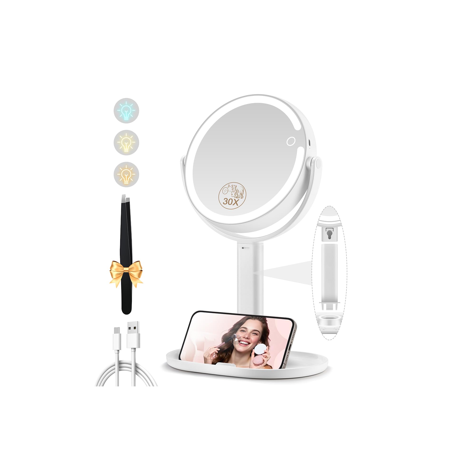 MOMOKUBA Miroir Grossissant Lumineux X 20, Miroir Grossissant sur Pied 8", miroirs Maquillage Lumineux sur Pied Double Face 3 Couleurs 64 LED, Rechargeable Rotation 360°