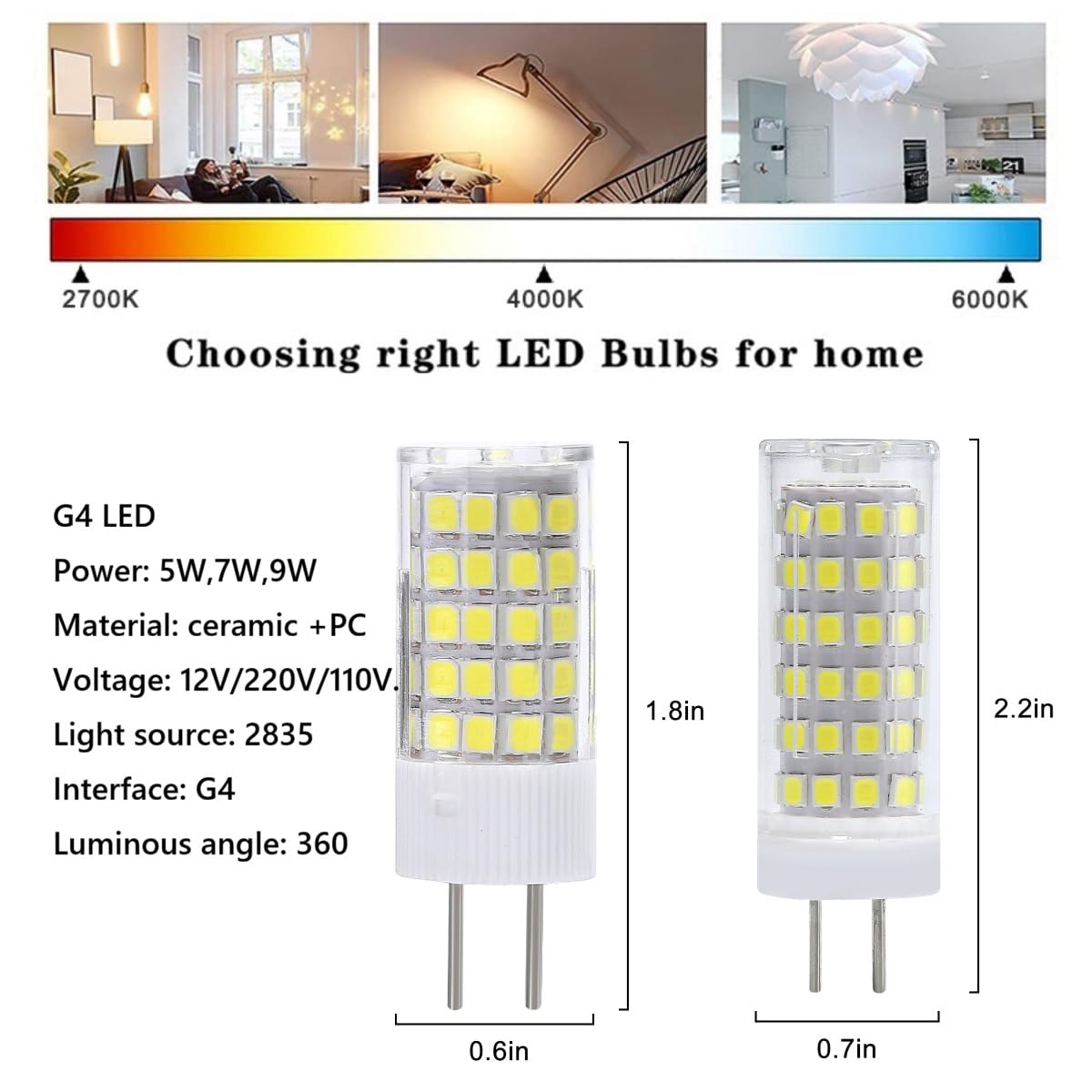 Bombilla LED G4 AC 230v, no regulable, 2700k blanca cálida, base cerámica mini luz bi-pines (230v 7w-5pcs/blanca cálida 2700K)