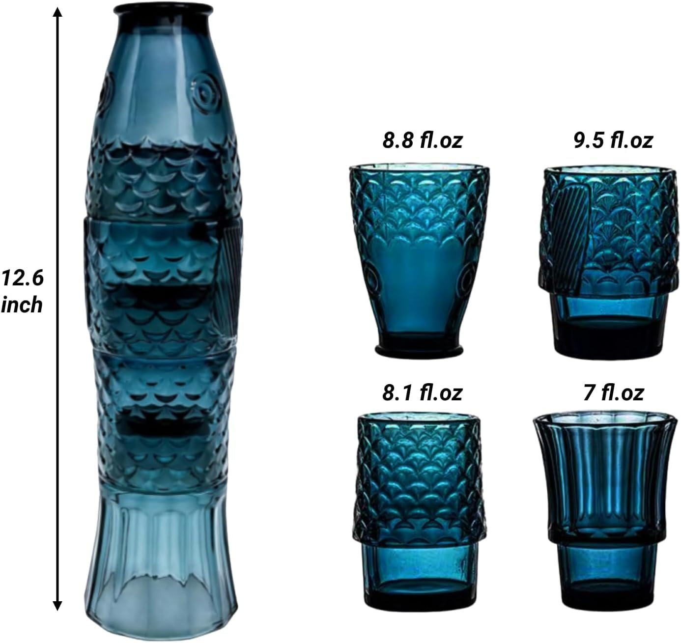 FishDesignszklanki do picia, szklanki do picia do układania w stos, kolorowe szkło do napojów, szkło StackTumbler, NauticalGlassware, szklanki w kształcie ryby, do dekoracji domu, zestaw 4, niebieski