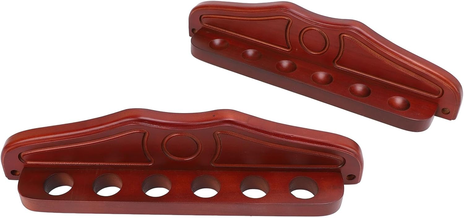 Wall Mounted Pool Stick Rack, 6 - Hole Wood Billiards Cue Holder, Wine Red Wall Mount Organizer for Game Room Club Home with Solid Wood Base and Screw Set