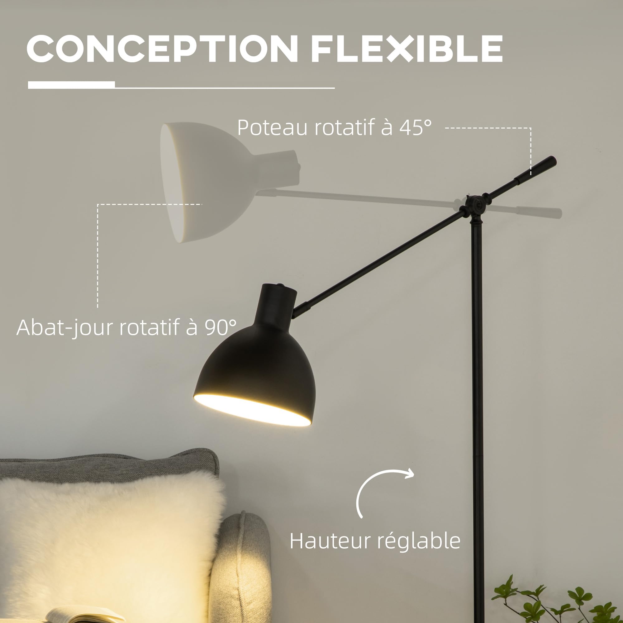 HOMCOM Lampada da terra regolabile in altezza girevole con presa E27 Nero