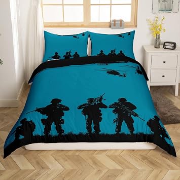Erosebridal Soldiers Duvet Cover, Helicopter Comforter Cover for Kids Boys Teens Man, Military Combat Theme Bedding Set, 3D Print Shadow Blue Black Quilt Cover Bedroom Decoration 2Pcs Twin Size