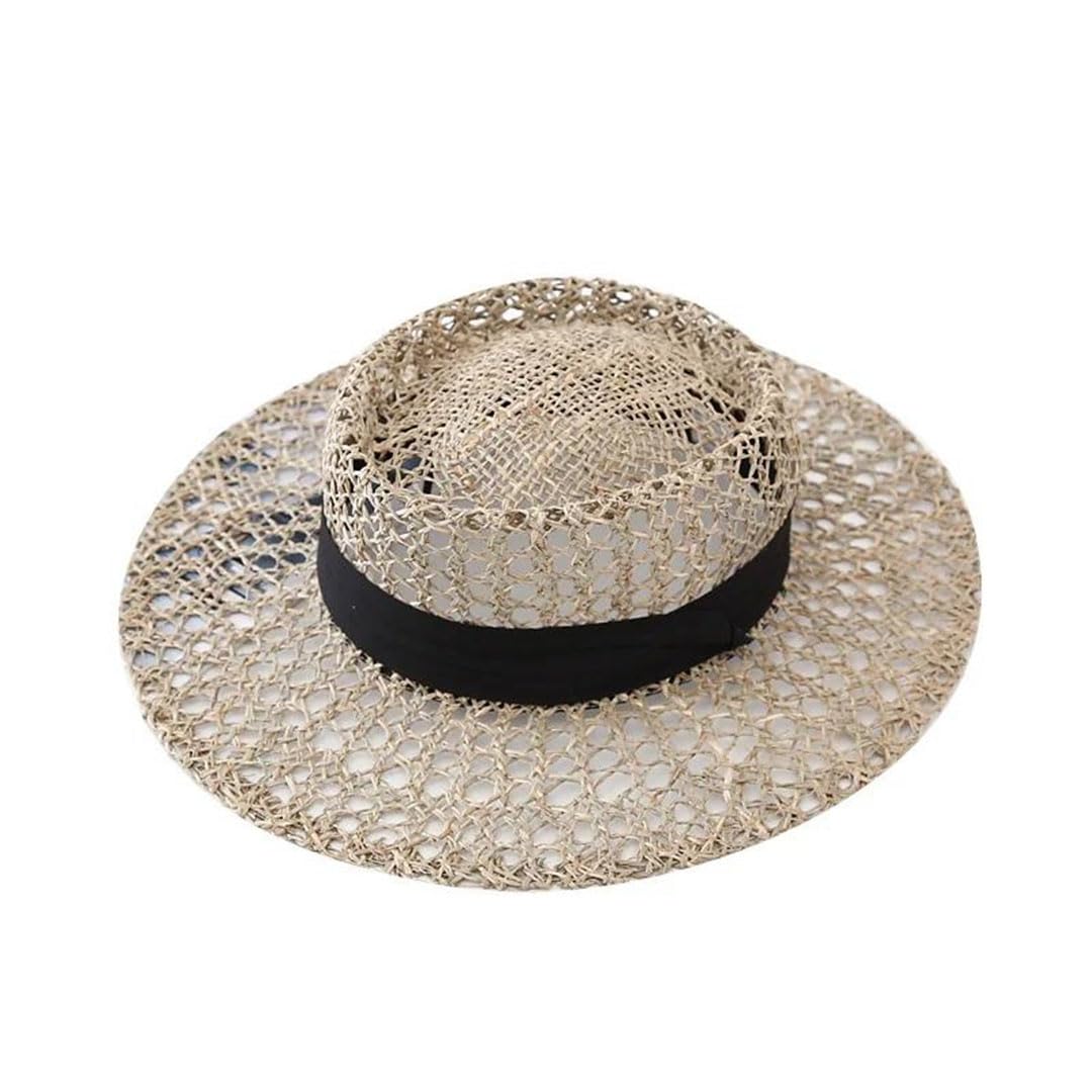 Sombrero de paja con lazo de rafia para mujer, diseño de perlas, para playa, multicolor, 6 7/8 / 7 1/8
