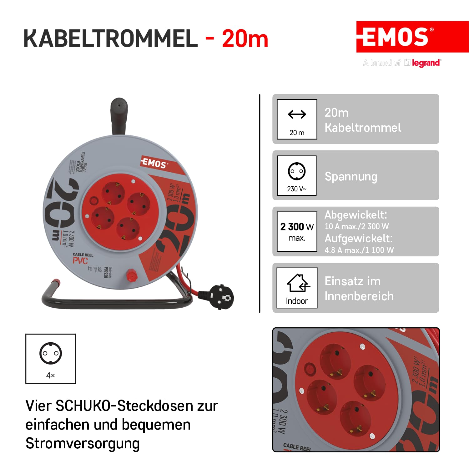 EMOS tambor cable 20 m, 4 Schuko, 230 V 10 A 2300 W, PVC H05VV-F3G 1.0 mm², protección sobrecalentamiento, freno bobina, IP20, interior