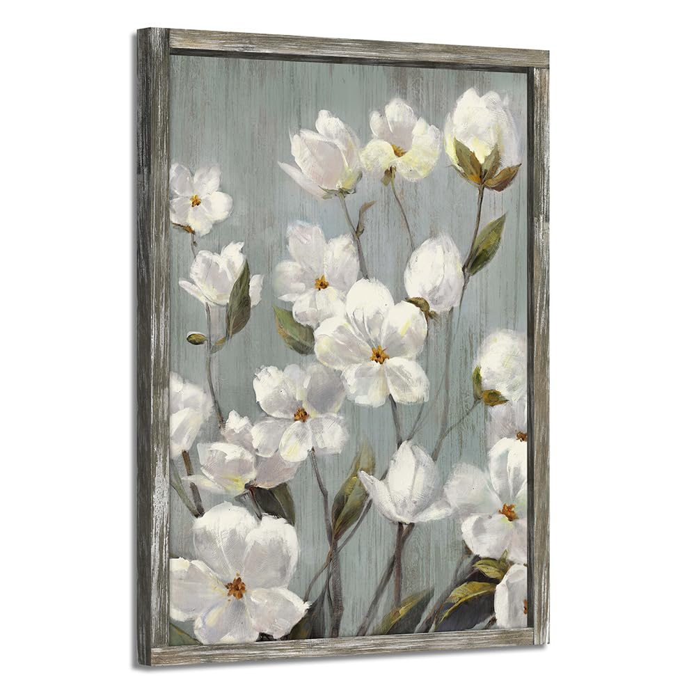 Abstract Flower Wooden Wall Art: Rustic White Floral Framed Painting Vintage Botanical Picture Modern Blossom Prints Artwork for Bathroom Bedroom Farmhouse