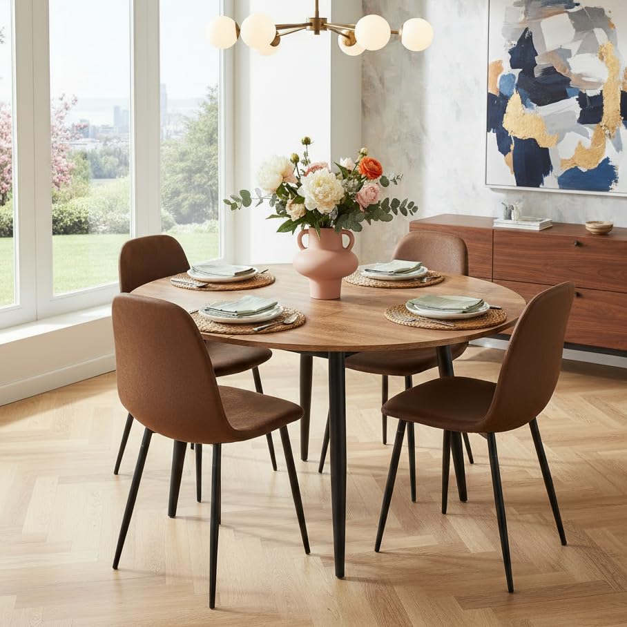 Image of FURNITO Round Dining Table Set for 4, 42 inch-54 inch Extendable Dining Table with 4 Upholstered Chairs, 5 Piece Modern Kitchen Table and Chairs Set for Dining Room, Kitchen, Small Space, Easy Assembly & Use