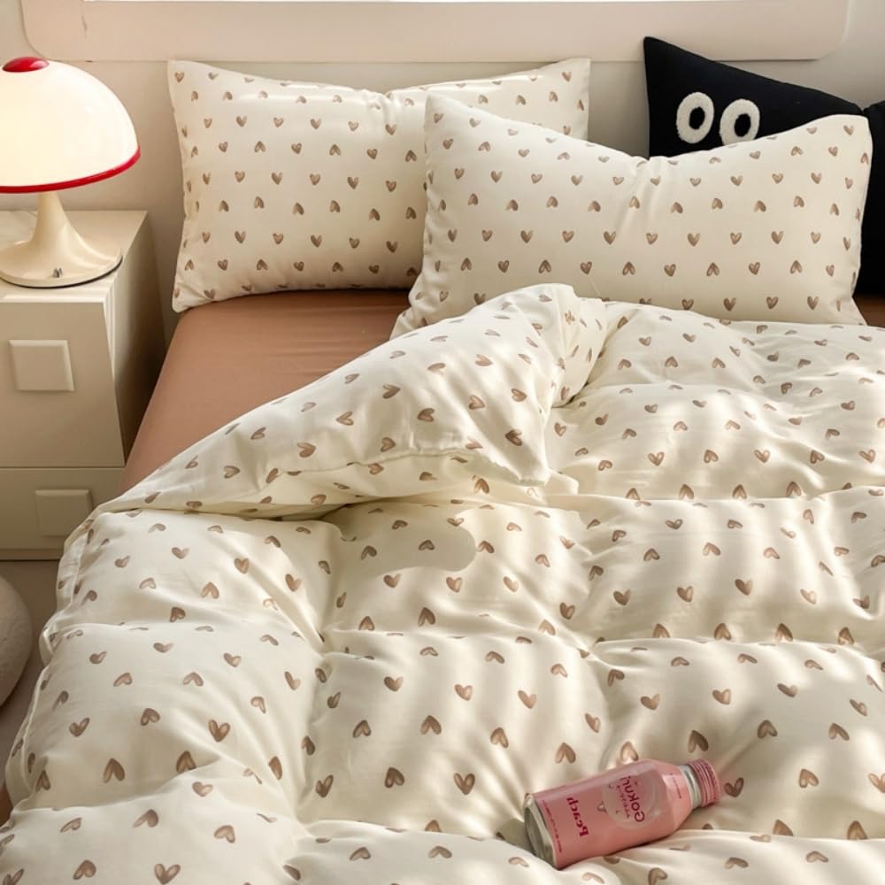 Michorinee Housse de Couette 220x240 Beige Motif Coeur Marron Adulte 2 Personnes Parure de Lit Microfibre Romantique Fille Sets de Housses de Couettes avec Fermeture Éclair et 2 Taies d'oreiller 65x65