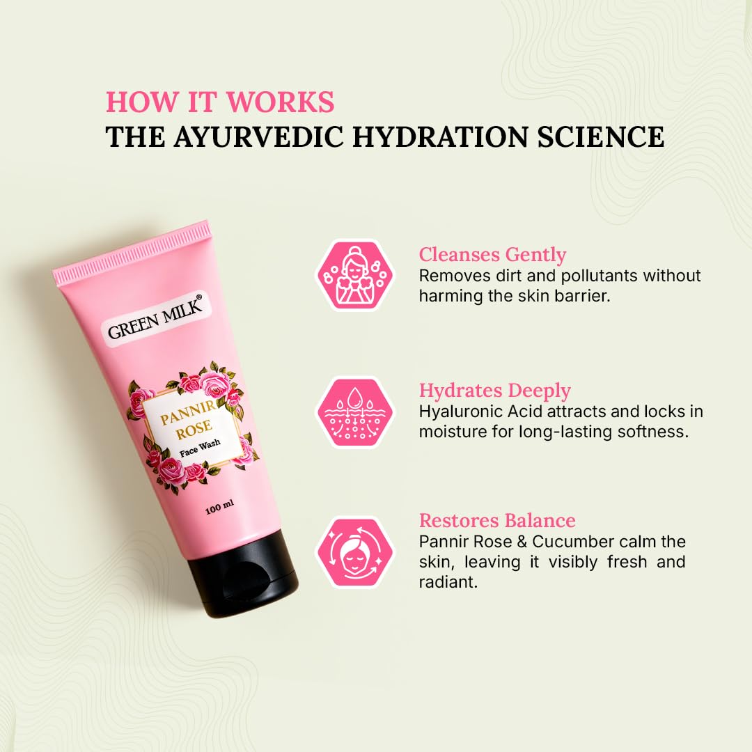 Green Milk Pannir Rose Face Wash with Hyaluronic Acid | Hydrating Face Wash for Men & Women | Gentle Daily Cleanser for Glowing Skin | Rose & Cucumber | All Skin Types | Sulfate Free | 100 ml 4