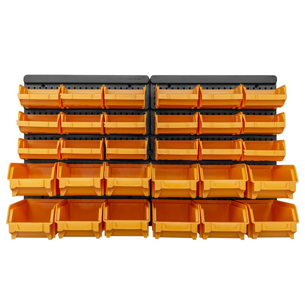 Juego de 32 cajas de almacenamiento de color amarillo y negro, 100% polipropileno, 30 recipientes de almacenamiento con 2 soportes de pared para taller, garaje, tornillos, tacos