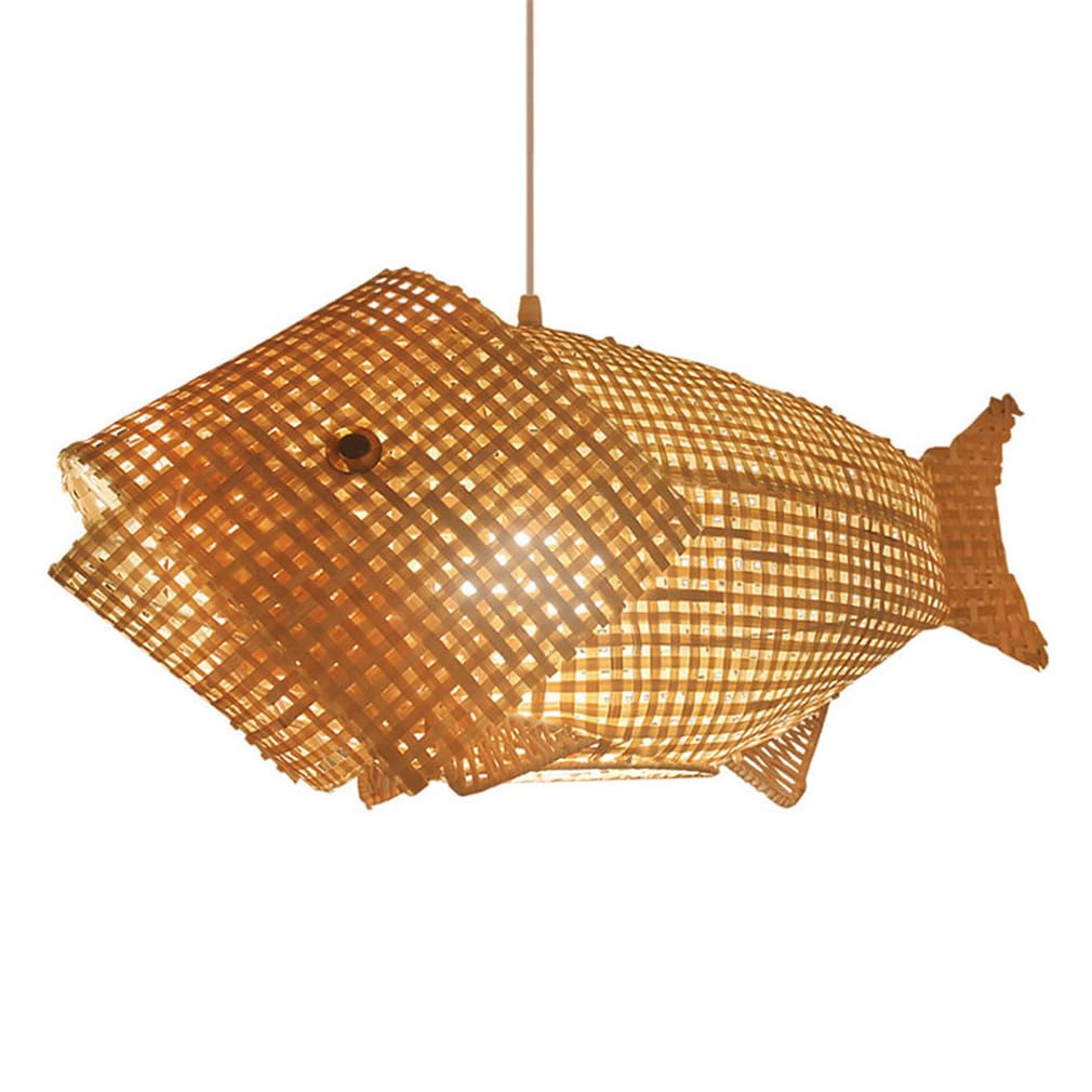 TCHAUSGZOZ Fish Shape Pendant Light - Bamboo Woven Chandelier E26 Coastal Fixture for Kitchen Island, Dining, Living Room 17.7'' Natural Wicker Hanging Lamp