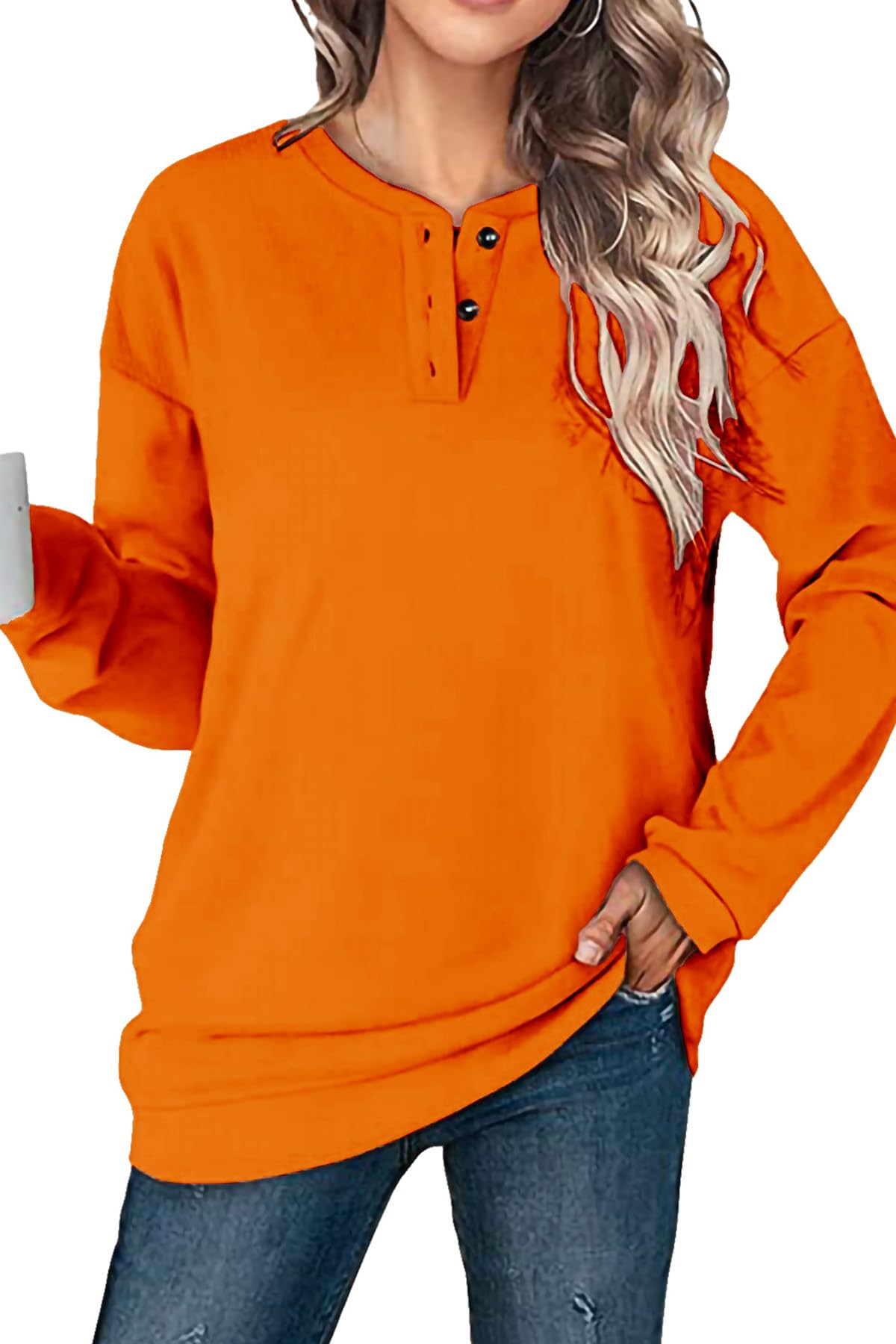 KINGFENWomens Sweatshirt Casual Long Sleeve Shirts Button Collar Womens Tops Crew Neck Solid Color Pullover