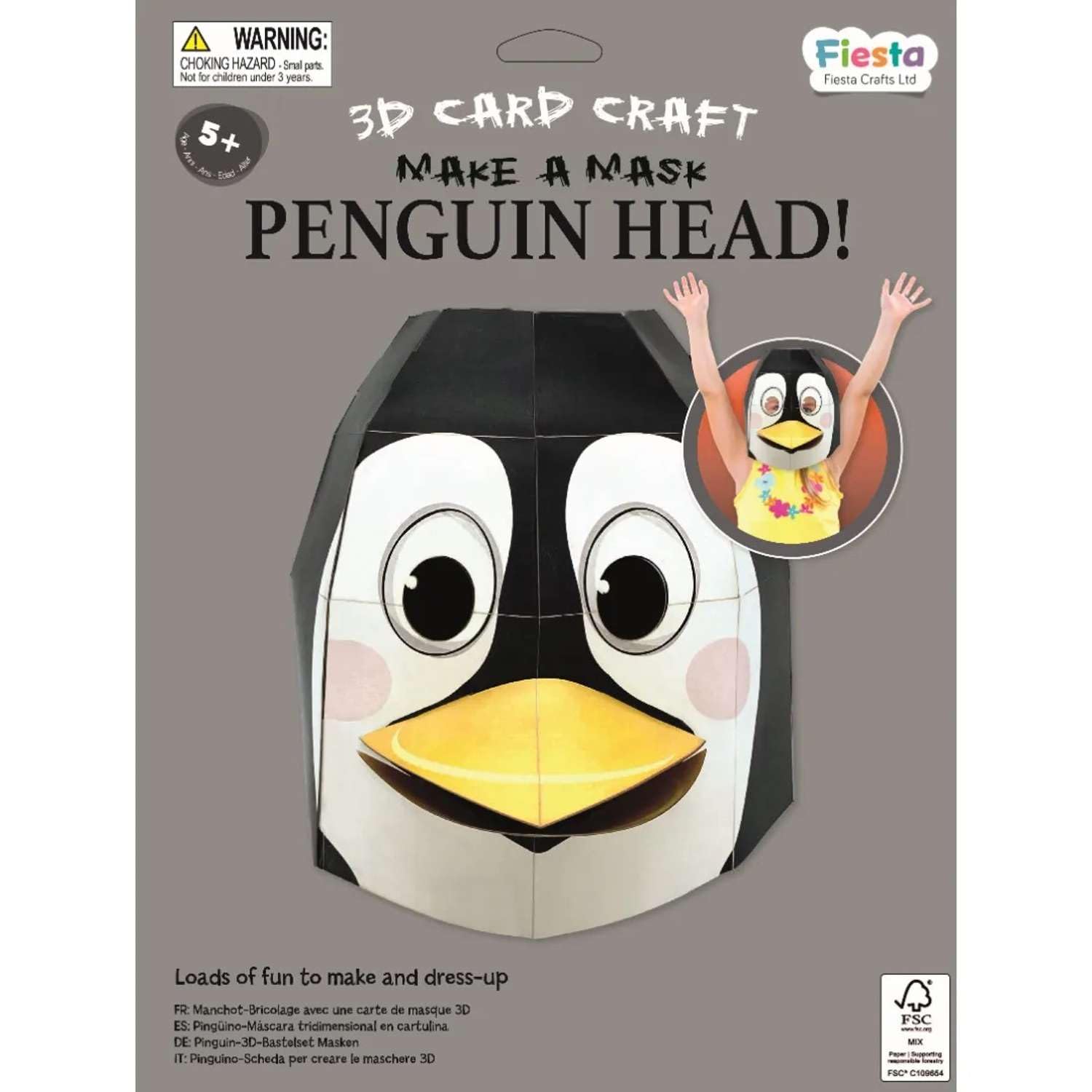 3D Mask Kit (Penguin) by Fiesta Crafts- Colourful & Easy to Assemble 3D Head Costume - Complete Arts and Crafts Set to Improve Motor Skills, Creativity, & Imagination - Fits Kids & Adult Heads