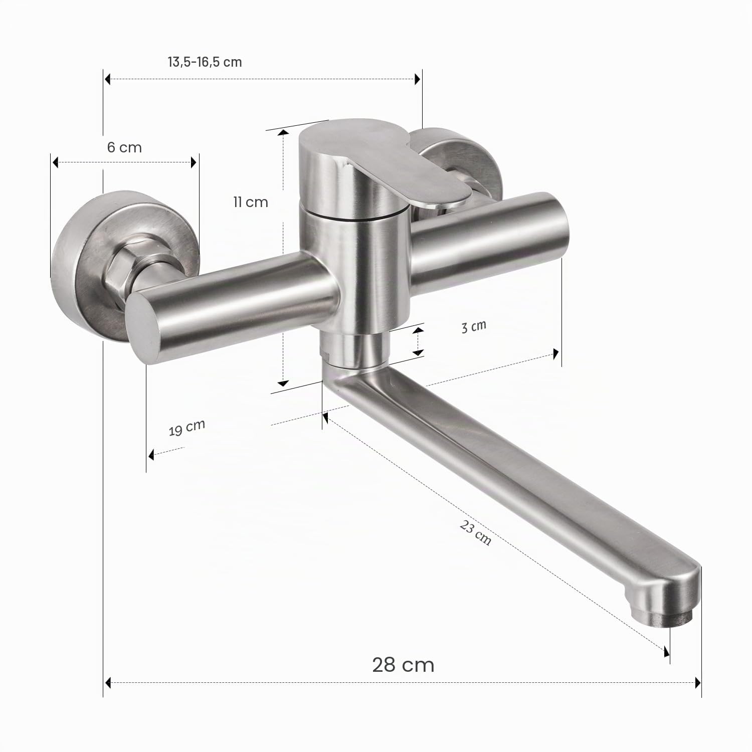 Robinet Mural Cuisine, Mitigeur Mural Inoxydable, Pivotant à 360° pour Évier de Cuisine, Eau Chaude et Froide, Trous de Montage Réglables, Bras Pivotant 23cm, Brossé